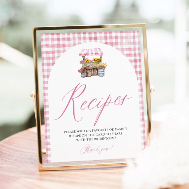 Pink Gingham Fresh Off The Market Recipes Shower Poster (Watercolor Pink Gingham Fresh Off The Market Bridal Shower Recipes Sign)