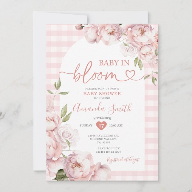 Pink Gingham Girl Baby Shower Baby in Bloom Invitation (Front)