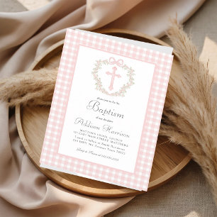 Pink Gingham Girl Baptism Announcement