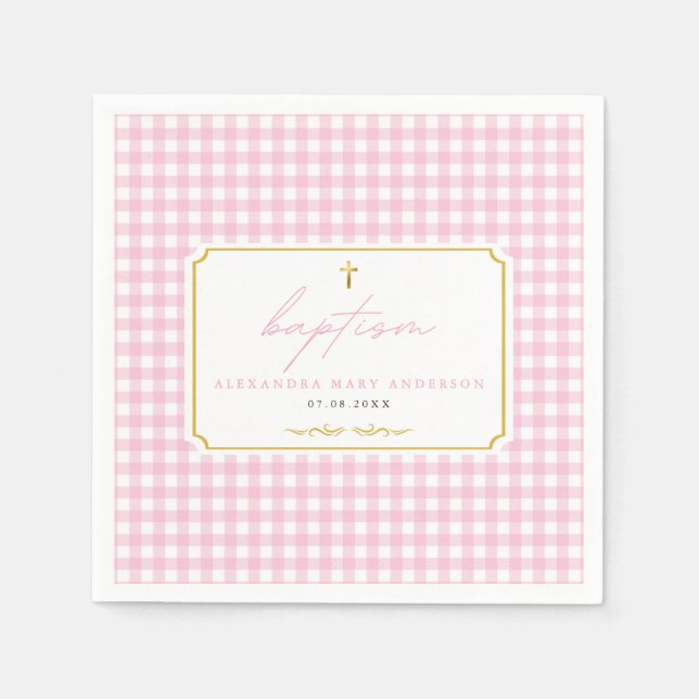 Pink Gingham Girl Baptism Minimalist Elegant Touch Napkin (Front)