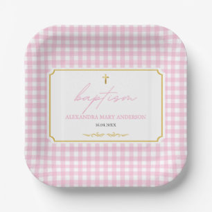 Pink Gingham Girl Baptism Modern Minimalist Design Paper Plate