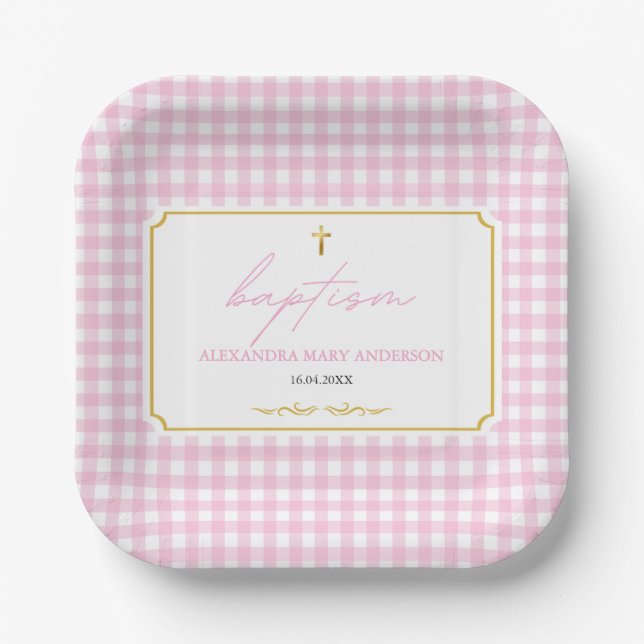 Pink Gingham Girl Baptism Modern Minimalist Design Paper Plate (Front)
