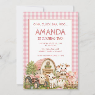 Pink Gingham Girl Barnyard Party Animal Invitation