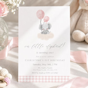 Pink Gingham Girl Elephant 1st Birthday  Invitation