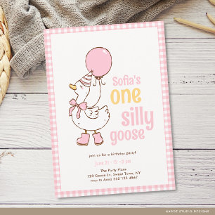 Pink Gingham Girl One Silly Goose 1st Birthday Invitation