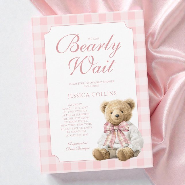 Pink Gingham Girl We Can Bearly Wait Baby Shower Invitation (Pink Gingham Girl We Can Bearly Wait Baby Shower Invitation)