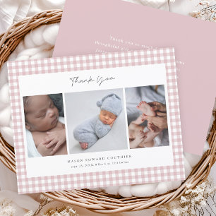 Pink Gingham Girls Budget 3 Photo Thank You Card