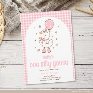 Pink Gingham Girls One Silly Goose 1st Birthday Invitation