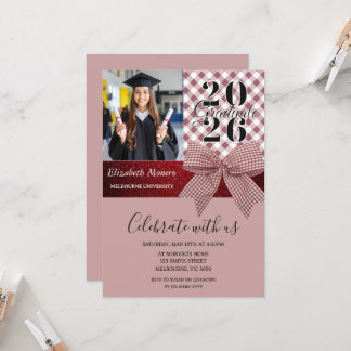 Pink Gingham Girly Graduation Photo Invitation