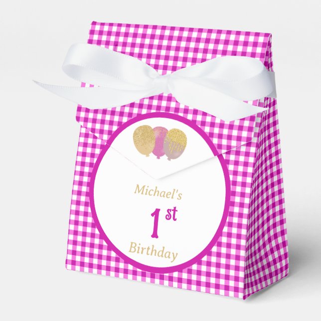 Pink Gingham Glitter Balloons Custom 3 Photos  Favour Box (Front Side)