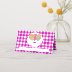 Pink Gingham Glitter Balloons Folded Table Place Card