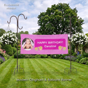 Pink Gingham Glitter Balloons Photo Birthday Banner