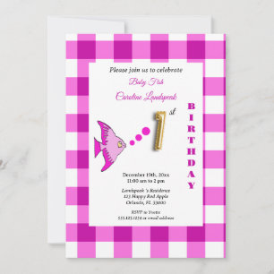 Pink Gingham Gold Foil Balloon Fish 1st Birthday Invitation