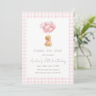Pink Gingham Golden Retriever Puppy Birthday Invitation
