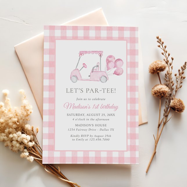 Pink Gingham Golf Girl 1st Birthday Invitation (Creator Uploaded)
