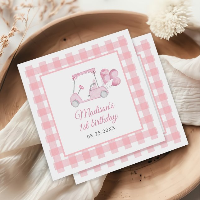Pink Gingham Golf Girl 1st Birthday Napkin (Creator Uploaded)
