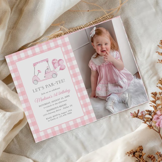 Pink Gingham Golf Girl 1st Birthday Photo Invitation (Creator Uploaded)