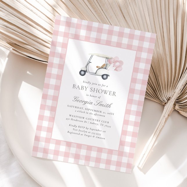 Pink Gingham Golf Girl Baby Shower Invitation (Creator Uploaded)