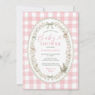 Pink Gingham grandmillennial Baby Shower Invitation