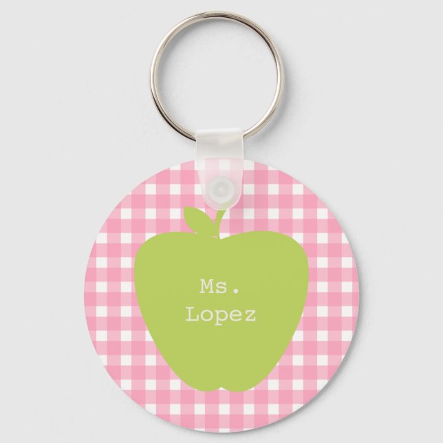 Pink Gingham & Green Apple Teacher Key Ring (Front)