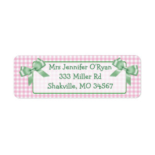 Pink Gingham Green Bow Return Address Label