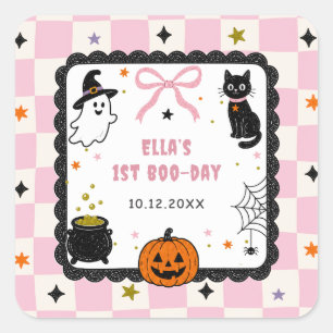 Pink Gingham Halloween Birthday Party Square Sticker