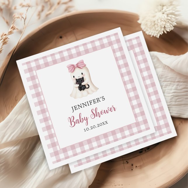 Pink Gingham Halloween Ghost Girl Baby Shower Napkin (Creator Uploaded)