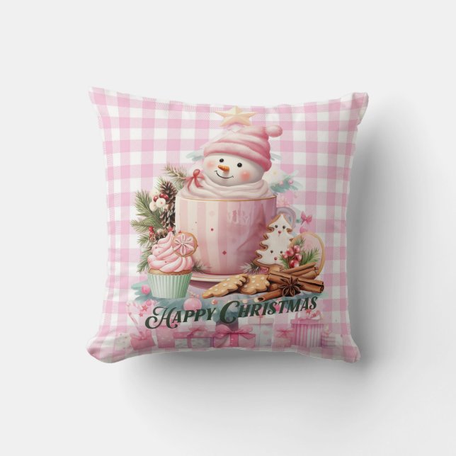 Pink Gingham Happy Christmas Pillow (Front)