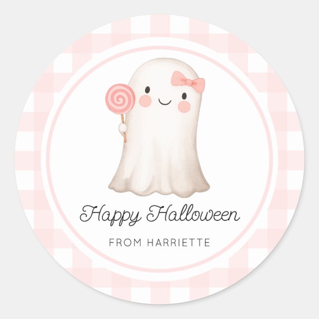 Pink Gingham Happy Halloween Cute Ghost Classic Round Sticker (Front)