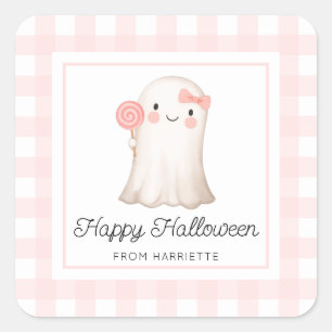 Pink Gingham Happy Halloween Cute Ghost Favour Tag