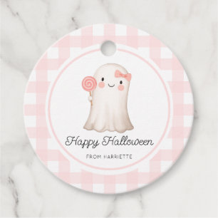 Pink Gingham Happy Halloween Cute Ghost Favour Tags