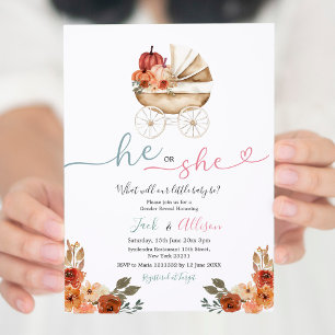 Pink Gingham He or She Blue Pumpkin Gender Reveal Invitation