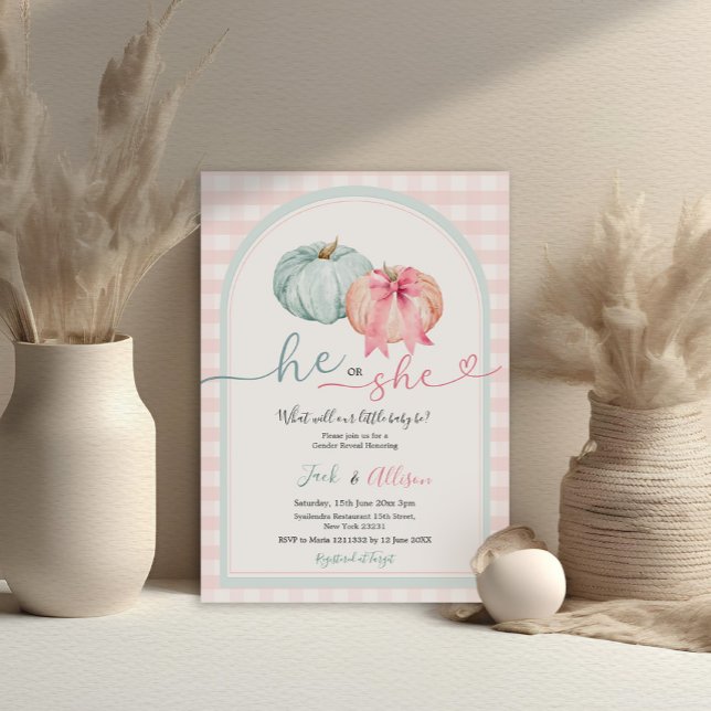 Pink Gingham He or She Blue Pumpkin Gender Reveal Invitation (Creator Uploaded)