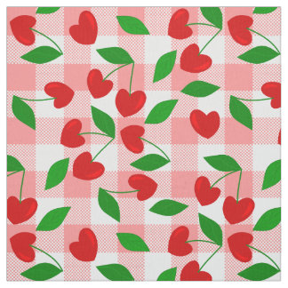 pink gingham Heart Shape Cherry rockabilly Fabric