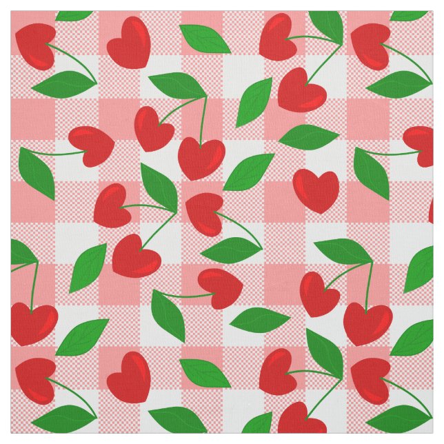 pink gingham Heart Shape Cherry rockabilly Fabric (Swatch)