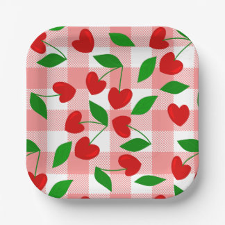 pink gingham Heart Shape Cherry rockabilly Paper Plate
