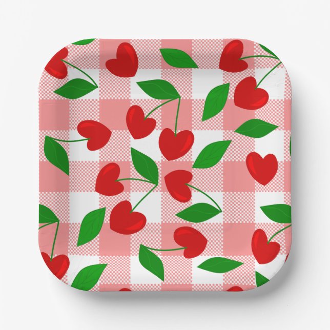 pink gingham Heart Shape Cherry rockabilly Paper Plate (Front)