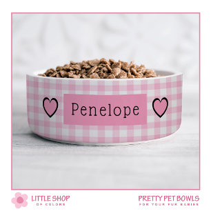 Pink Gingham Hearts Personalised Pet Bowl