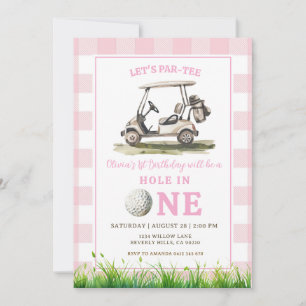 Pink Gingham Hole in One Golf Girl Birthday Invitation