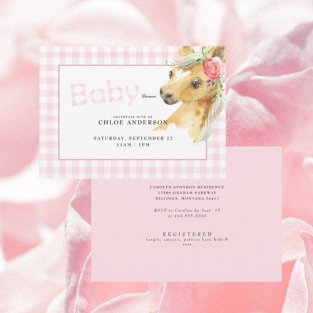 Pink Gingham Horse Baby Shower Invitation (Creator Uploaded)