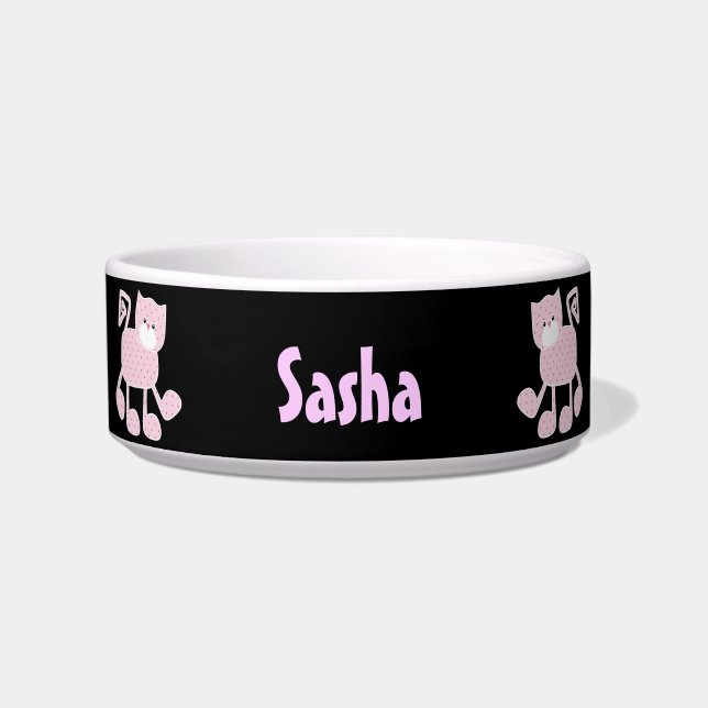 Pink Gingham Kitty Personalised Pet Bowl (Front)