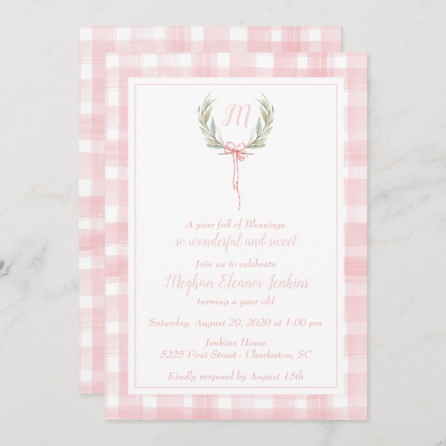 Pink Gingham Laurel Crest First Birthday Invitation (Front/Back)