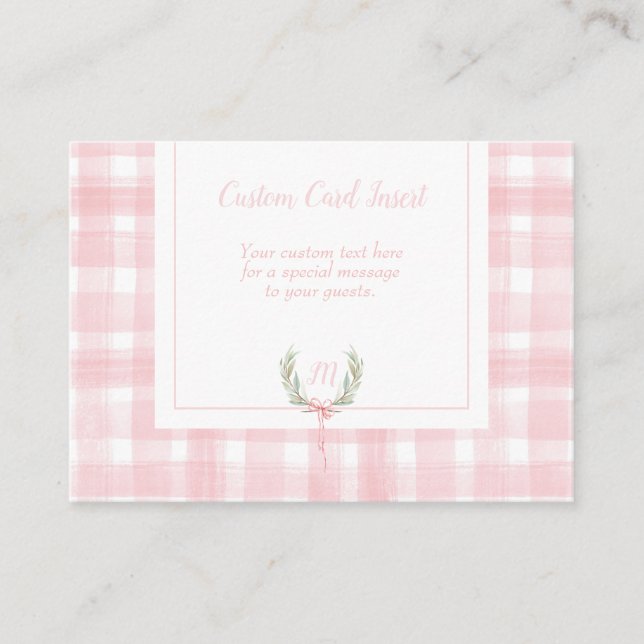 Pink Gingham Laurel Crest Insert Card (Front)