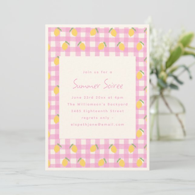 Pink Gingham Lemon Fruit Summer Soiree Party  Invitation (Standing Front)