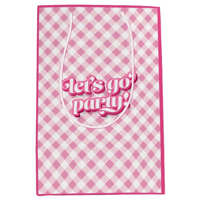 Pink Gingham Let's Go Party Birthday Medium Gift Bag (Front)