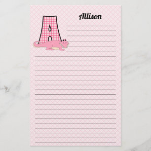 Pink Gingham Letter A Girl's Monogram Stationery