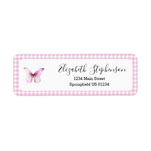 Pink Gingham Little Butterfly Return Address