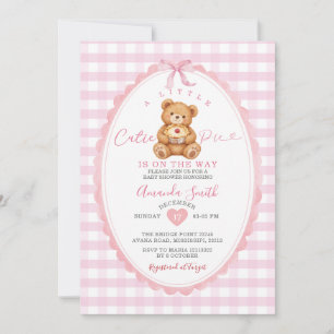Pink Gingham Little Cutie Pie Bear Baby Shower Invitation