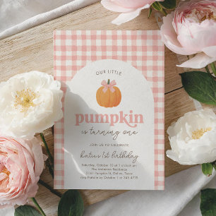 Pink Gingham Little Pumpkin 1st Birthday Invitation