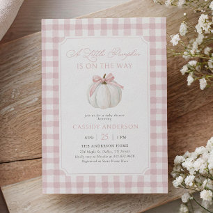 Pink Gingham Little Pumpkin Fall Baby Shower Invitation